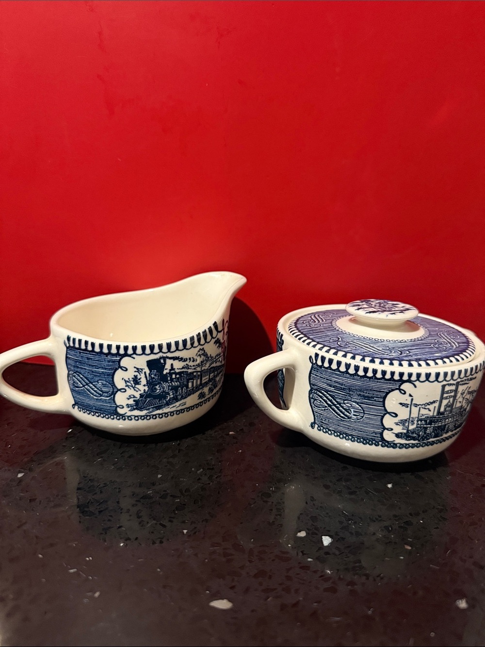 Blue and White Ceramic Creamer and Sugar Set - Home Art
